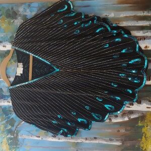 Vtg 100% Silk Peacock Poncho w/ Scallop Hem, Made In Hong Kong